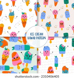 Set seamless kawaii ice cream pattern hand drawn