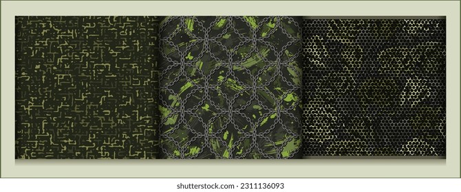 Satz nahtloser khaki Tarnmuster mit kleinen abstrakten Formen, Netz mit Rosen, Ketten, Pinselstriche. Gut für Bekleidung, Gewebe, Textilien, Sportartikel. Grunge Textur.