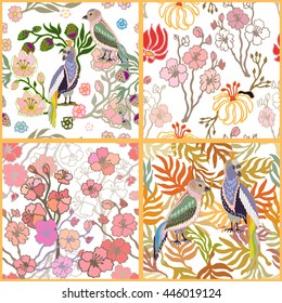 Set of seamless kimono patterns. Hand drawn fantasy birds, blooming cherry, golden palm leaves. Japanese, Chinese motifs. Oriental textile collection. Multicolored, white.