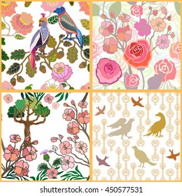 Set of seamless kimono patterns. Hand drawn fantasy birds, roses, palm leaves, bonsai. Japanese, Chinese motifs. Oriental textile collection. Multicolored, white.