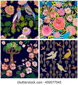 Set of seamless kimono patterns. Hand drawn fantasy birds, roses, palm leaves, bonsai. Japanese, Chinese motifs. Oriental textile collection. Multicolored, black.
