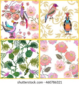 Set of seamless kimono patterns. Hand drawn fantasy birds, blooming cherry, burdock, flowers. Japanese, Chinese motifs. Oriental textile collection. Multicolored, white.
