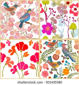 Set of seamless kimono patterns. Hand drawn fantasy birds, poppies, wildflowers, sakura. Japanese, Chinese motifs. Oriental textile collection. Multicolored, white.