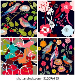 Set of seamless kimono patterns. Hand drawn fantasy birds, wildflowers, abstract spots. Japanese, Chinese motifs. Oriental textile collection. Multicolored, black.
