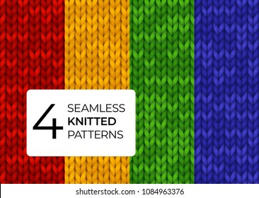 A set of seamless knitted patterns in bright saturated colors. Colorful realistic knitted textures for background of the site, postcards, wallpapers, banners. Vector illustration. dark background.