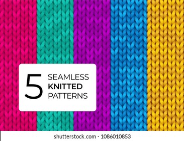 A set of seamless knitted patterns in bright modern colors. Colorful realistic knitted textures for the background of the site, postcards, wallpapers, invitations, banners. Vector illustration.