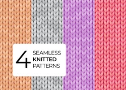 A Set Of Seamless Knitted Patterns In Pastel Colors. Realistic Knitted Texture For The Background Of The Site, Postcards, Invitations, Wallpapers, Banners. Vector Illustration.