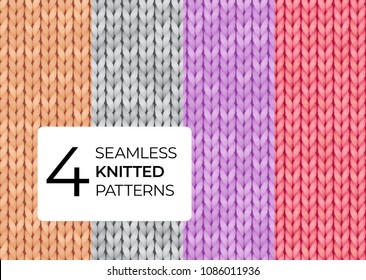 A set of seamless knitted patterns in pastel colors. Realistic knitted texture for the background of the site, postcards, invitations, wallpapers, banners. Vector illustration.