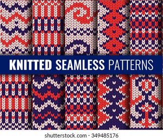Set of seamless knitted patterns. Stock vector. 