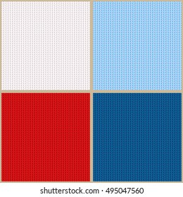 Set of seamless knitted vector backgrounds. White, blue, red.