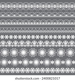 Set of seamless lace floral ribbons with white lace flowers.Vector white lacebackground