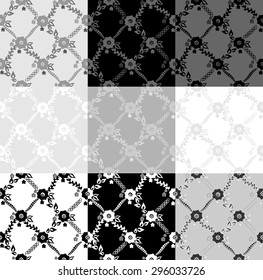 Set of seamless lace pattern with ornamental flowers and leaves. Elegant beauty lacy material - white, gray and black color design collection, vector art image illustration, abstract floral background