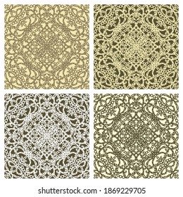 Set of seamless lace patterns with classic floral ornament. Curls of flowers and leaves of yellow, brown, white, beige colors. Repeating square texture for textiles, fabrics, wallpapers, wrap, web.
