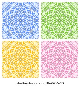 Set of seamless lace patterns with classic floral designs. White curls of flowers and leaves on a yellow, green, blue, pink background. Repeating square texture for textiles, fabrics, wallpaper, web.