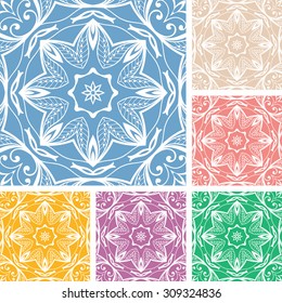 Set of seamless lace patterns, elements collection for invitation cards, abstract geometric and floral background.