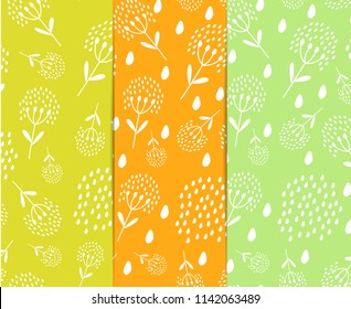 Set of seamless lace patterns with leaves and flowers. The thin, curved lines of the plants are like lace. Print for fabric, Wallpaper, textiles, books, interior decoration
