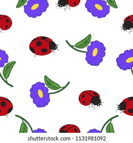 Set of seamless ladybug and daisy flower blue.