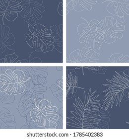 Set of seamless leaves pattern. Delicate plant exotic textures in blue and light blue colors. Summer backgrounds