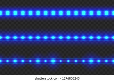 Set of seamless led glowing light stripes on transparent background