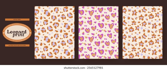 Set of seamless leopard skin patterns, prints with retro texture, vintage wild style aesthetic. Trendy wallpaper in three variations: classic, heart shaped and star shaped. Pattern swatches included.