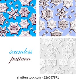 Set of seamless light blue and grey patterns with three-dimensional paper snowflakes with shadow