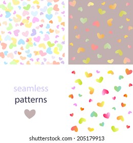 A set of seamless light patterns with colorful hearts