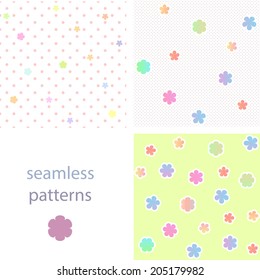 A set of seamless light patterns with colorful flowers and dots