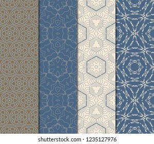 Set Of Seamless Line Geometric Floral Pattern. Abstract Geometry Flower. Vector Illustration. Interior Decoration, Wallpaper, Presentation, Fashion Design . Blue Color