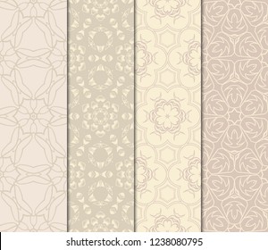 Set Of Seamless Line Geometric Floral Pattern. Abstract Geometry Flower. Vector Illustration. Interior Decoration, Wallpaper, Presentation, Fashion Design . Blue Color