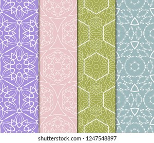 Set Of Seamless Line Geometric Floral Pattern. Abstract Geometry Flower. Vector Illustration. Interior Decoration, Wallpaper, Presentation, Fashion Design . Blue Color