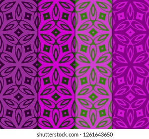 Set Of Seamless Line Geometric Floral Pattern. Abstract Geometry Flower. Vector Illustration. Interior Decoration, Wallpaper, Presentation, Fashion Design . Blue Color.