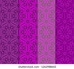 Set Of Seamless Line Geometric Floral Pattern. Abstract Geometry Flower. Vector Illustration. Interior Decoration, Wallpaper, Presentation, Fashion Design . Blue Color.
