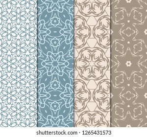 Set Of Seamless Line Geometric Floral Pattern. Abstract Geometry Flower. Vector Illustration. Interior Decoration, Wallpaper, Presentation, Fashion Design . Blue Color