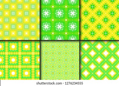 Set Of Seamless Line Geometric Floral Pattern. Abstract Geometry Flower. Vector Illustration. Interior Decoration, Wallpaper, Presentation, Fashion Design . Blue Color.