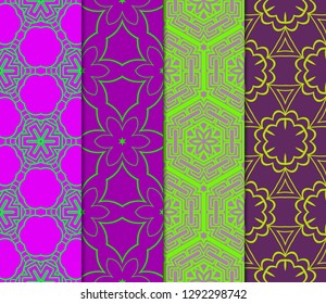 Set Of Seamless Line Geometric Floral Pattern. Abstract Geometry Flower. Vector Illustration. Interior Decoration, Wallpaper, Presentation, Fashion Design . Blue Color.