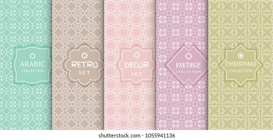 Set of seamless line patterns, colored background. Stylish decorative vintage, retro, arabic, christmas label decor set. Abstract geometric frame, vector illustration. Art Deco style, light colors
