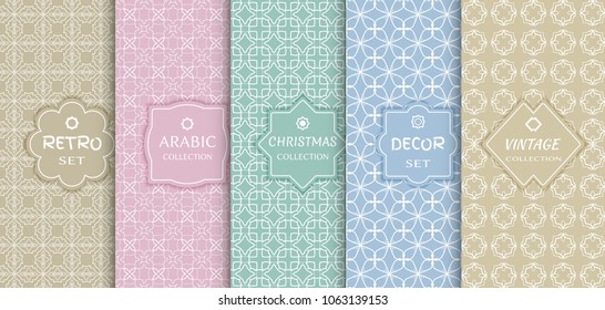 Set of seamless line patterns, colored background. Stylish decorative vintage, retro, arabic, christmas label decor set. Abstract geometric frame, vector illustration. Art Deco style, light colors