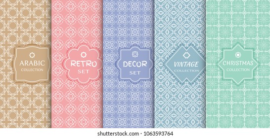 Set of seamless line patterns, colored background. Stylish decorative vintage, retro, arabic, christmas label decor set. Abstract geometric frame, vector illustration. Art Deco style, light colors