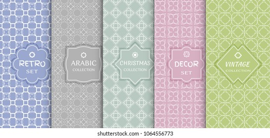 Set of seamless line patterns, colored background. Stylish decorative vintage, retro, arabic, christmas label decor set. Abstract geometric frame, vector illustration. Art Deco style, light colors