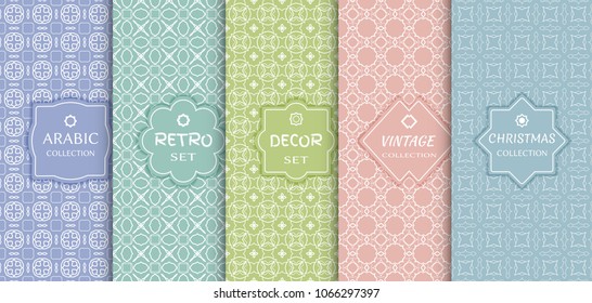 Set of seamless line patterns, colored background. Stylish decorative vintage, retro, arabic, christmas label decor set. Abstract geometric frame, vector illustration. Art Deco style, light colors