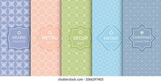 Set of seamless line patterns, colored background. Stylish decorative vintage, retro, arabic, christmas label decor set. Abstract geometric frame, vector illustration. Art Deco style, light colors