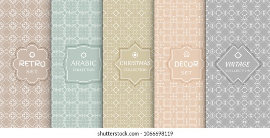 Set of seamless line patterns, colored background. Stylish decorative vintage, retro, arabic, christmas label decor set. Abstract geometric frame, vector illustration. Art Deco style, light colors