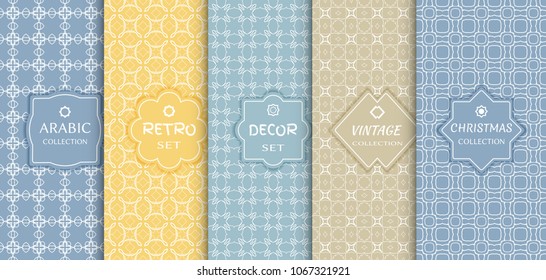 Set of seamless line patterns, colored background. Stylish decorative vintage, retro, arabic, christmas label decor set. Abstract geometric frame, vector illustration. Art Deco style, light colors