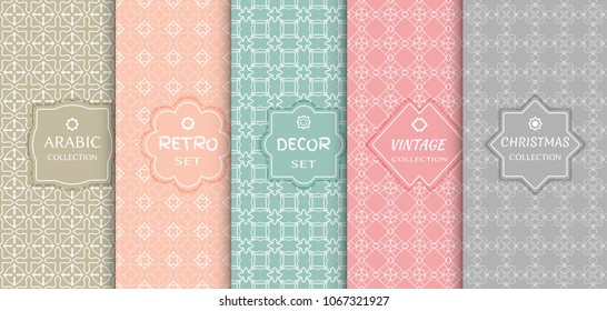 Set of seamless line patterns, colored background. Stylish decorative vintage, retro, arabic, christmas label decor set. Abstract geometric frame, vector illustration. Art Deco style, light colors