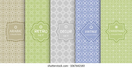 Set of seamless line patterns, colored background. Stylish decorative vintage, retro, arabic, christmas label decor set. Abstract geometric frame, vector illustration. Art Deco style, light colors