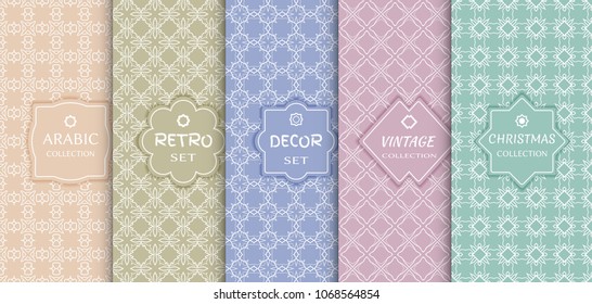 Set of seamless line patterns, colored background. Stylish decorative vintage, retro, arabic, christmas label decor set. Abstract geometric frame, vector illustration. Art Deco style, light colors