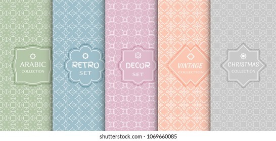 Set of seamless line patterns, colored background. Stylish decorative vintage, retro, arabic, christmas label decor set. Abstract geometric frame, vector illustration. Art Deco style, light colors