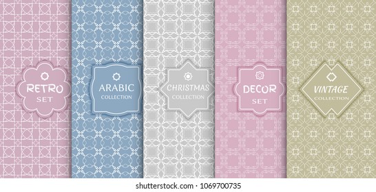Set of seamless line patterns, colored background. Stylish decorative vintage, retro, arabic, christmas label decor set. Abstract geometric frame, vector illustration. Art Deco style, light colors