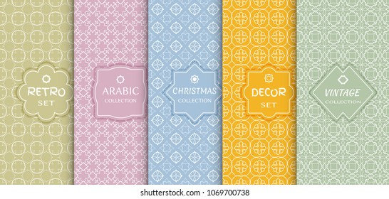 Set of seamless line patterns, colored background. Stylish decorative vintage, retro, arabic, christmas label decor set. Abstract geometric frame, vector illustration. Art Deco style, light colors