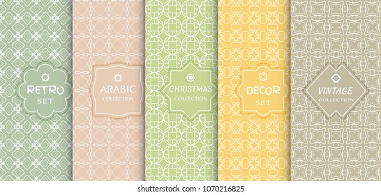 Set of seamless line patterns, colored background. Stylish decorative vintage, retro, arabic, christmas label decor set. Abstract geometric frame, vector illustration. Art Deco style, light colors